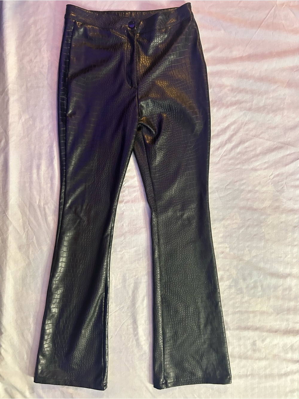 Black Croc Embossed Faux Leather Flare Pants Y2K